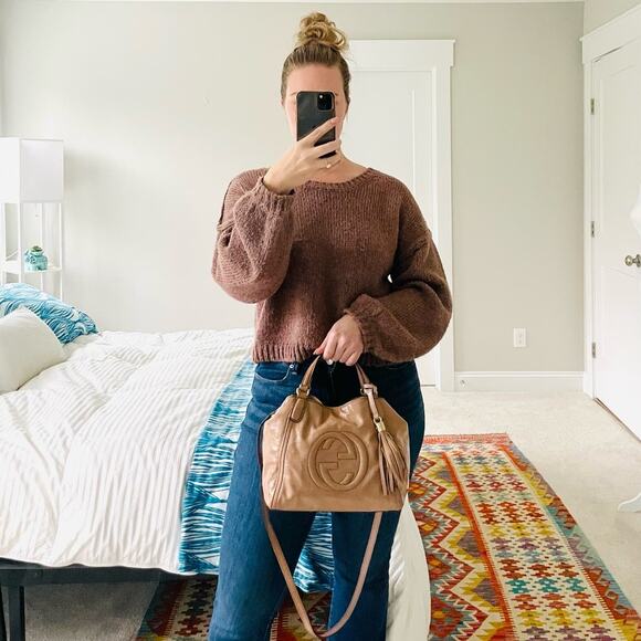 Gucci Soho Patent Leather 2 Way Tote Handbag Shoulder Bag Beige - Picture 3 of 17